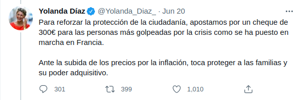 Yolanda Díaz propone a través de su cuenta de twitter un cheque de 300 euros para familias vulnerables