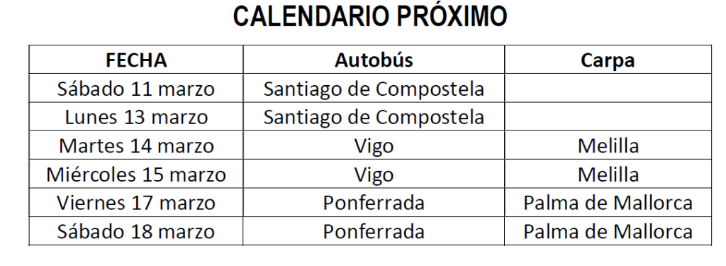Calendario próximas visitas del  autobus y carpa informativa Ingreso Mínimo Vital