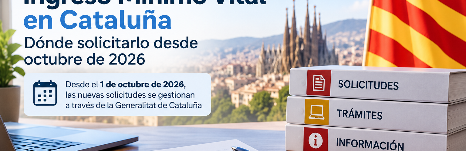 Imagen editorial del Ingreso Mínimo Vital en Cataluña con referencias a Barcelona, la bandera catalana y los trámites de solicitud