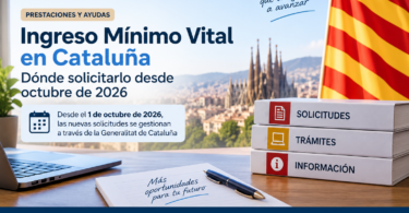 Imagen editorial del Ingreso Mínimo Vital en Cataluña con referencias a Barcelona, la bandera catalana y los trámites de solicitud