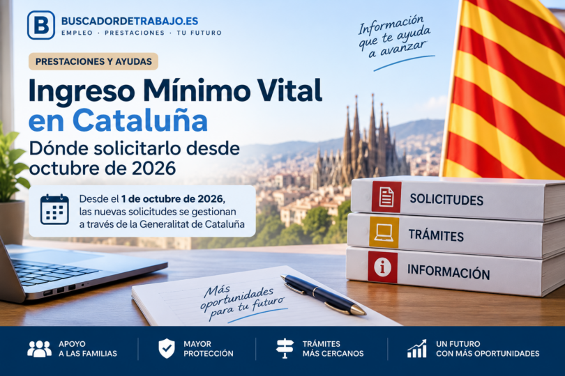Imagen editorial del Ingreso Mínimo Vital en Cataluña con referencias a Barcelona, la bandera catalana y los trámites de solicitud