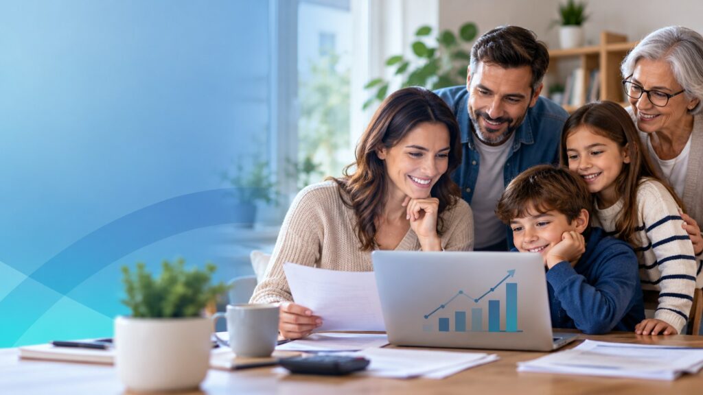 Familia de varias generaciones consultando información sobre ayudas y prestaciones sociales en un ordenador