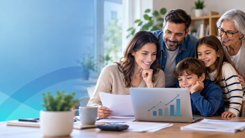 Familia de varias generaciones consultando información sobre ayudas y prestaciones sociales en un ordenador