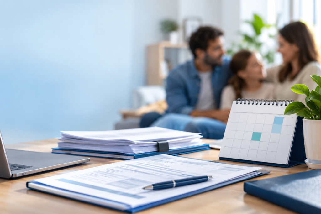 Documentos y calendario de prestaciones de la Seguridad Social en una mesa junto a una familia