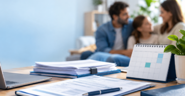 Documentos y calendario de prestaciones de la Seguridad Social en una mesa junto a una familia